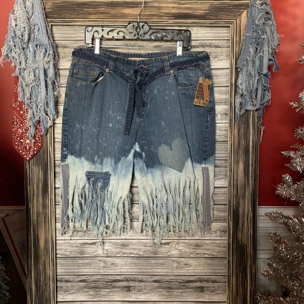 UpCycled Recycled Repurposed Vintage Velvet Acidwashed Fringed Denim shorts plus